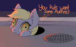 Size: 2000x1231 | Tagged: safe, artist:evehly, imported from derpibooru, derpy hooves, pegasus, pony, adoracreepy, creepy, cute, derp, dialogue, female, food, grimderp, it, looking at you, manhole, mare, marehole, muffin, pennywise, seems legit, shrunken pupils, smiling, solo, street, wat, wide eyes