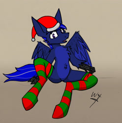 Size: 3185x3205 | Tagged: safe, artist:php122, artist:wingedthoughts, imported from derpibooru, oc, oc only, oc:neutrino burst, hippogriff, christmas, christmas stocking, clothes, cute, featureless crotch, hat, socks, solo, striped socks, talons, wings