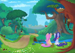 Size: 5016x3541 | Tagged: safe, artist:theinkbot, imported from derpibooru, fluttershy, rarity, bird, squirrel, back, duo, flower, flower field, forest, grass field, meditating, nature, path, peaceful, rear view, river, scenery, sitting