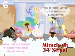 Size: 1024x768 | Tagged: safe, artist:bronybyexception, imported from derpibooru, derpy hooves, princess celestia, pegasus, pony, advent calendar, christmas, female, gavel, judge, letter, mailpony, mare, miracle on 34th street, parking ticket