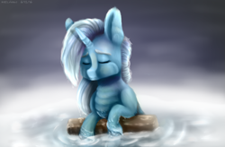 Size: 985x645 | Tagged: safe, artist:kittenthelonley, imported from derpibooru, trixie, pony, unicorn, female, floating, log, mare, sad, solo, the sad and depresive trixie, water