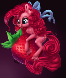 Size: 1024x1214 | Tagged: safe, artist:runettamontbelle, imported from derpibooru, pinkie pie, pony, bow, chest fluff, female, food, hair bow, hug, licking, licking lips, micro, solo, strawberry, tongue out, unshorn fetlocks