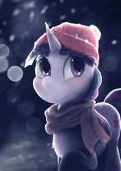 Size: 2480x3508 | Tagged: safe, artist:yvt-jp, imported from derpibooru, twilight sparkle, pony, clothes, female, hat, scarf, smiling, snow, solo, winter