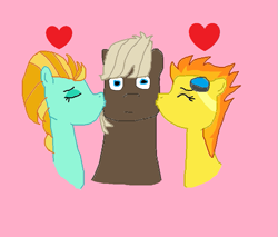 Size: 821x700 | Tagged: safe, artist:jwwprod, imported from derpibooru, dumbbell, lightning dust, spitfire, :|, cheek kiss, dumbbell gets all the mares, dumbfire, eyes closed, heart, kiss on the cheek, kiss sandwich, kissing, lightningbell, lucky bastard, male, ms paint, ot3, shipping, straight, surprise kiss, surprised