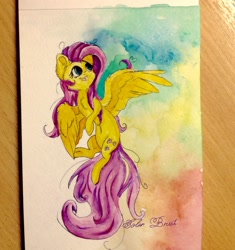 Size: 1360x1449 | Tagged: safe, artist:colorbrush, imported from derpibooru, fluttershy, pegasus, pony, cheek fluff, chest fluff, ear fluff, female, flying, looking away, looking up, mare, open mouth, smiling, solo, spread wings, traditional art, watercolor painting, wing fluff, wings