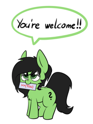 Size: 702x932 | Tagged: safe, artist:duop-qoub, edit, imported from derpibooru, oc, oc only, oc:filly anon, pony, (you), 4chan, dialogue, female, filly, mouth hold, simple background, solo, speech bubble, white background