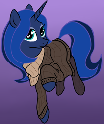 Size: 1280x1517 | Tagged: safe, artist:tanmansmantan, imported from derpibooru, princess luna, alicorn, pony, clothes, female, gradient background, heart eyes, scarf, simple background, solo, sweater, wingding eyes