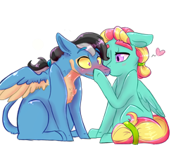 Size: 2300x1900 | Tagged: dead source, safe, artist:shiny-cooler, imported from derpibooru, oc, oc only, oc:gamtle wind, oc:tlaloc, hybrid, pegasus, pony, gay, kissing, male, simple background, stallion, transparent background