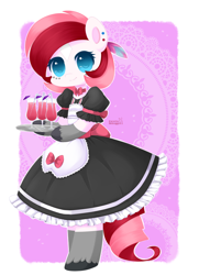 Size: 600x831 | Tagged: safe, artist:exceru-karina, imported from derpibooru, oc, oc only, oc:rouge swirl, anthro, unguligrade anthro, arm hooves, clothes, commission, dress, maid, solo