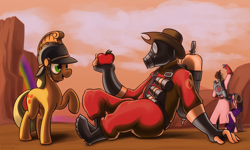 Size: 3000x1800 | Tagged: safe, artist:dimfann, imported from derpibooru, applejack, rarity, apple, crossover, food, hat, helmet, medic, pyro, team fortress 2