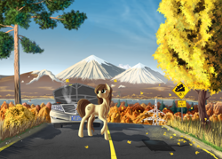 Size: 3500x2500 | Tagged: safe, artist:lightly-san, imported from derpibooru, oc, oc only, oc:sandy lane, earth pony, pony, autumn, car, forest, mountain, power line, road, scenery, solo, tree