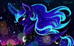 Size: 4000x2500 | Tagged: safe, artist:das_leben, imported from derpibooru, princess luna, pony, female, grin, magic, smiling, snow, snowfall, solo