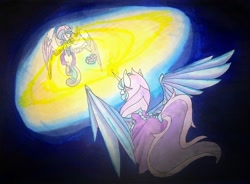 Size: 1024x754 | Tagged: safe, artist:oneiria-fylakas, imported from derpibooru, princess flurry heart, oc, oc only, oc:shiny heart, armor, crystal heart, flying, offspring, older, parent:princess cadance, parent:shining armor, parents:shiningcadance, partially open wings, traditional art, wings