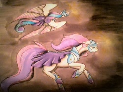 Size: 1024x767 | Tagged: safe, artist:oneiria-fylakas, imported from derpibooru, princess flurry heart, oc, oc only, oc:shiny heart, armor, flurry heart pearl of battle, offspring, older, older flurry heart, parent:princess cadance, parent:shining armor, parents:shiningcadance, traditional art, warrior flurry heart