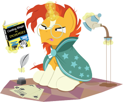 Size: 612x506 | Tagged: safe, artist:bobthedalek, imported from derpibooru, sunburst, twilight sparkle, pony, unicorn, book, cup, female, food, for dummies, glasses, messy mane, paper, quill, simple background, solo, spill, spilled drink, sunburst's cloak, sunburst's glasses, sunburst's robe, tea, teapot, transparent background