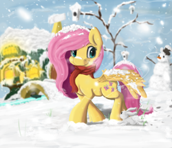 Size: 1000x860 | Tagged: safe, artist:moondreamer16, imported from derpibooru, angel bunny, fluttershy, clothes, scarf, snow, snowman, winter