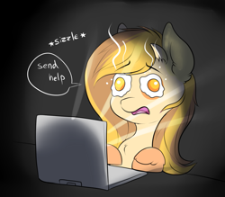 Size: 1143x1001 | Tagged: dead source, safe, artist:confetticakez, imported from derpibooru, oc, oc only, earth pony, pony, computer, egg (food), eye strain, food, laptop computer, solo, speech, wingding eyes
