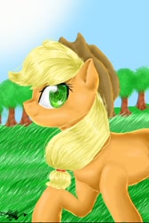 Size: 320x480 | Tagged: safe, artist:crystalcrr, imported from derpibooru, applejack, pony, female, grass, smiling, solo