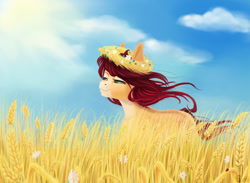Size: 1024x751 | Tagged: safe, artist:runettamontbelle, imported from derpibooru, oc, oc only, oc:mine toffie, pony, food, sky, solo, wheat