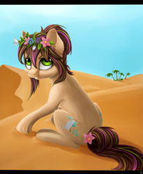 Size: 830x1014 | Tagged: safe, artist:runettamontbelle, imported from derpibooru, oc, oc only, earth pony, pony, desert, floral head wreath, flower, looking at you, looking back, smiling, solo