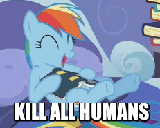 Size: 231x186 | Tagged: safe, edit, edited screencap, imported from derpibooru, screencap, rainbow dash, pony, read it and weep, book, cropped, cute, dissonant caption, female, gif, grimcute, image macro, implied genocide, kill all humans, meme, misanthropy, non-animated gif, pure unfiltered evil, solo, wat