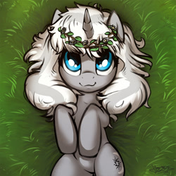 Size: 1200x1199 | Tagged: safe, artist:fidzfox, imported from derpibooru, oc, oc only, oc:frozen raine, pony, unicorn, :3, catface, field, floral head wreath, flower, garland, grass, hooves up, looking at you, meadow, on back, rolling, solo, wreath