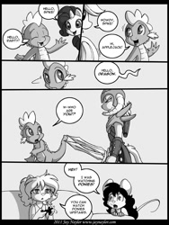 Size: 648x864 | Tagged: safe, artist:jaynaylor, imported from derpibooru, applejack, rarity, spike, anthro, cat, dragon, earth pony, mouse, pony, unicorn, comic, dovahkiin, dragonborn, furry, imminent murder, monochrome, original life (comic), skyrim, the elder scrolls, this will end in tears and/or death