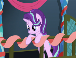 Size: 1057x809 | Tagged: safe, imported from derpibooru, screencap, starlight glimmer, pony, a hearth's warming tail, bipedal, bipedal leaning, female, hearth's warming, leaning, looking down, mare, railing, solo, twilight's castle