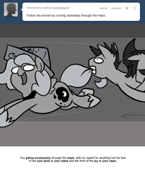 Size: 666x800 | Tagged: safe, artist:egophiliac, imported from derpibooru, princess luna, oc, oc:frolicsome meadowlark, oc:sunshine smiles (egophiliac), bat pony, pony, moonstuck, biting, cartographer's cap, eyepatch, filly, grayscale, hat, monochrome, running, tail bite, woona, woonoggles, younger