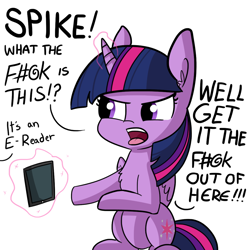 Size: 1080x1080 | Tagged: safe, artist:tjpones, imported from derpibooru, twilight sparkle, alicorn, pony, angry, censored vulgarity, cute, dialogue, e-reader, exploitable meme, female, get it the f#@k out of here, grawlixes, implied spike, magic, meme, meme origin, offscreen character, open mouth, simple background, sitting, solo, twiabetes, twilight sparkle (alicorn), vulgar, white background