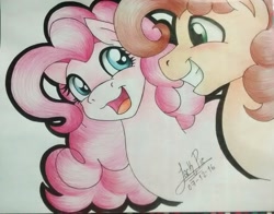 Size: 1853x1456 | Tagged: safe, artist:jack-pie, imported from derpibooru, cheese sandwich, pinkie pie, duo, open mouth, smiling, traditional art