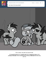 Size: 666x851 | Tagged: safe, artist:egophiliac, imported from derpibooru, princess luna, oc, oc:frolicsome meadowlark, oc:sunshine smiles (egophiliac), bat pony, pony, moonstuck, bruised, cartographer's nursing cap, eyepatch, filly, grayscale, hat, monochrome, woona, younger