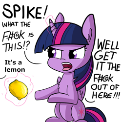 Size: 1080x1080 | Tagged: safe, artist:tjpones, artist:tjpones edits, edit, editor:mrdoctorderpy, imported from derpibooru, twilight sparkle, alicorn, pony, angry, cave johnson, censored vulgarity, cute, dialogue, exploitable meme, female, food, get it the f#@k out of here, grawlixes, implied spike, lemon, magic, meme, offscreen character, open mouth, portal (valve), portal 2, simple background, sitting, solo, twiabetes, twilight sparkle (alicorn), vulgar, white background