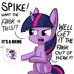 Size: 1080x1080 | Tagged: safe, artist:tjpones, artist:tjpones edits, edit, imported from derpibooru, twilight sparkle, alicorn, pony, angry, censored vulgarity, cute, dialogue, droste effect, exploitable meme, female, get it the f#@k out of here, grawlixes, implied spike, inception, magic, meme, memeception, offscreen character, open mouth, recursion, simple background, sitting, solo, twiabetes, twilight sparkle (alicorn), vulgar, white background