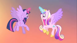 Size: 1100x618 | Tagged: safe, imported from derpibooru, screencap, princess cadance, twilight sparkle, alicorn, pony, three's a crowd, butt, colored wings, duo, duo female, female, flying, gradient wings, lovebutt, mare, plot, sisters-in-law, twibutt, twilight sparkle (alicorn)