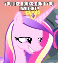 Size: 600x647 | Tagged: safe, edit, edited screencap, imported from derpibooru, screencap, princess cadance, twilight sparkle, alicorn, pony, three's a crowd, book, image macro, just one bite, meme, memeful.com, spongebob squarepants, that pony sure does love books, twilight sparkle (alicorn)