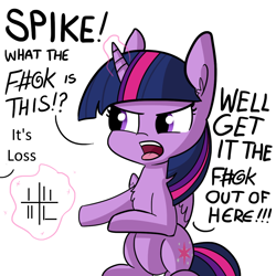 Size: 1080x1080 | Tagged: safe, artist:tjpones, artist:tjpones edits, edit, imported from derpibooru, twilight sparkle, alicorn, pony, angry, cute, exploitable meme, female, get it the f#@k out of here, implied spike, loss (meme), magic, meme, offscreen character, open mouth, simple background, sitting, solo, twilight sparkle (alicorn), vulgar, white background