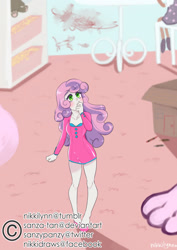 Size: 1024x1448 | Tagged: safe, artist:nikkilynn, imported from derpibooru, sweetie belle, equestria girls, blushing, clothes, dress, micro, room, shoes, solo, transformation