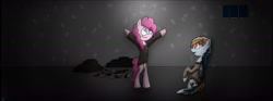 Size: 1940x724 | Tagged: safe, artist:stuflox, imported from derpibooru, pinkie pie, rainbow dash, pony, the count of monte rainbow, abbé faria, bipedal, bubble berry, pinkie faria, prison, rainbow blitz, rainbow dantes, rule 63, the count of monte cristo