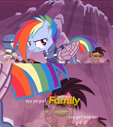 Size: 672x756 | Tagged: safe, edit, imported from derpibooru, screencap, rainbow dash, crystal pony, pony, the cutie re-mark, alternate timeline, amputee, apocalypse dash, armor, augmented, butt, clothes, comic sans, crystal war timeline, discovery family logo, eyes on the prize, glare, gritted teeth, looking back, mind control, plot, prosthetic limb, prosthetic wing, prosthetics, scar, sombra soldier, tenso, torn ear, uniform