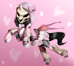 Size: 1280x1152 | Tagged: safe, artist:supermare, imported from derpibooru, king sombra, pony, unicorn, bow, clothes, crossdressing, crossover, dress, majestic as fuck, overwatch, pink dress, reaper (overwatch), solo, wat