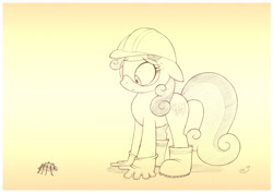 Size: 1073x759 | Tagged: safe, artist:sherwoodwhisper, imported from derpibooru, sweetie belle, insect, pony, spider, boots, clothes, cutie mark, female, gloves, goggles, hard hat, hat, helmet, monochrome, pencil drawing, safety goggles, sketch, solo, sweat, the cmc's cutie marks, traditional art