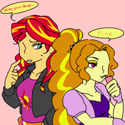 Size: 1000x1000 | Tagged: safe, artist:raika0306, imported from derpibooru, adagio dazzle, sunset shimmer, equestria girls, rainbow rocks, dialogue, drinking, female, juice, juice box, lesbian, shipping, sunsagio