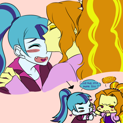 Size: 1000x1000 | Tagged: safe, artist:raika0306, imported from derpibooru, adagio dazzle, sonata dusk, equestria girls, rainbow rocks, annoyed, blushing, cute, dialogue, fangs, female, heart, kissing, lesbian, shipping, sonagio