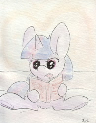 Size: 696x893 | Tagged: safe, artist:slightlyshade, imported from derpibooru, twilight sparkle, pony, unicorn, book, female, filly, hoof hold, reading, sitting, solo, tongue out, traditional art, underhoof, watercolor painting