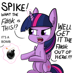 Size: 1080x1080 | Tagged: safe, artist:tjpones, artist:tjpones edits, edit, imported from derpibooru, twilight sparkle, alicorn, pony, angry, bomb, cute, exploitable meme, female, get it the f#@k out of here, implied spike, magic, meme, offscreen character, open mouth, simple background, sitting, solo, twilight sparkle (alicorn), vulgar, weapon, white background