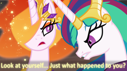 Size: 6000x3366 | Tagged: safe, artist:orin331, idw, imported from derpibooru, nightmare star, princess celestia, reflections, spoiler:comic, absurd resolution, alternate timeline, alternate universe, ashlands timeline, barren, dark mirror universe, dialogue, dragon ball, dragon ball super, duo, duo female, evil, evil celestia, evil counterpart, female, implied genocide, mane of fire, mirror universe, post-apocalyptic, reference, wasteland