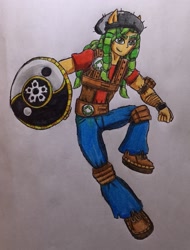 Size: 1769x2333 | Tagged: safe, artist:bozzerkazooers, imported from derpibooru, sandalwood, equestria girls, male, ninja, ponied up, shield, solo, traditional art