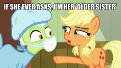 Size: 889x500 | Tagged: safe, edit, edited screencap, imported from derpibooru, screencap, applejack, granny smith, where the apple lies, image macro, implied apple bloom, implied teen pregnancy, meme, teenage applejack, text