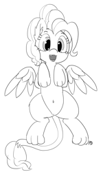 Size: 1153x1920 | Tagged: safe, artist:pabbley, imported from derpibooru, pinkie pie, sphinx, belly button, female, flying, monochrome, open mouth, simple background, solo, species swap, white background